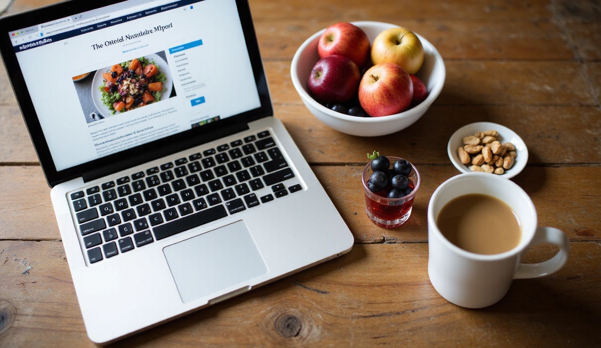 Mesa con un portátil abierto a un blog de nutrición, una taza de café, frutas frescas y frutos secos, transmitiendo una atmósfera de estudio y bienestar.