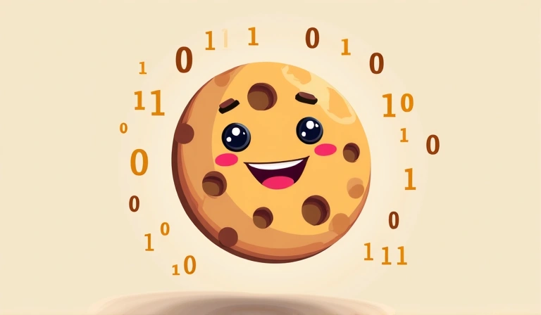 Ilustración de una persona sosteniendo una galleta digital, representando las cookies de internet de forma amigable.
