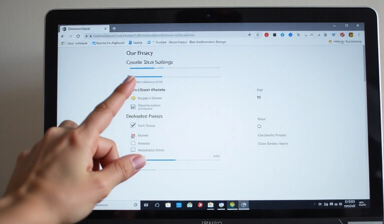 Persona configurando las opciones de privacidad de cookies en una interfaz de navegador web, simbolizando el control del usuario.