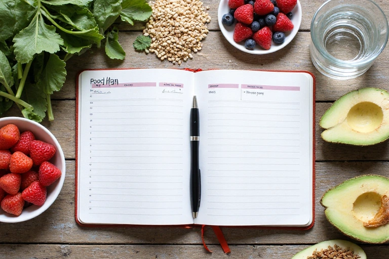 Imagen de un plan de alimentación personalizado con un cuaderno, lápiz y alimentos saludables.