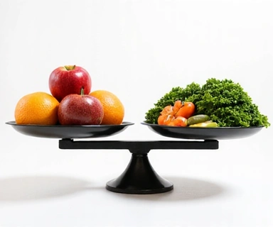 Una balanza con frutas y verduras.