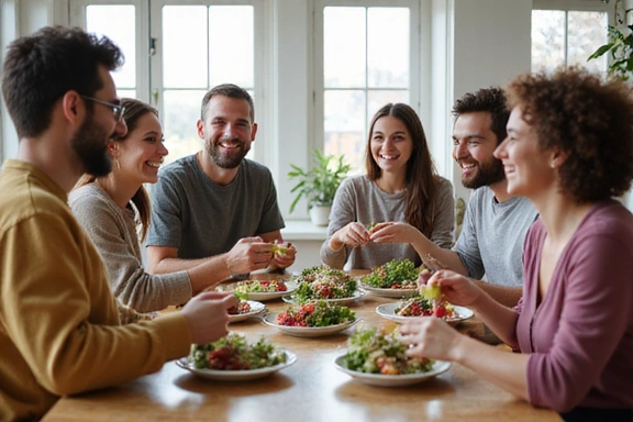 Imagen de un grupo de personas sonrientes y diversas comiendo ensaladas saludables en un ambiente de comunidad, simbolizando bienestar y vida plena.
